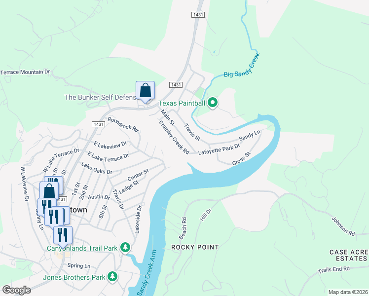 map of restaurants, bars, coffee shops, grocery stores, and more near 11505 Crumley Creek Road in Jonestown