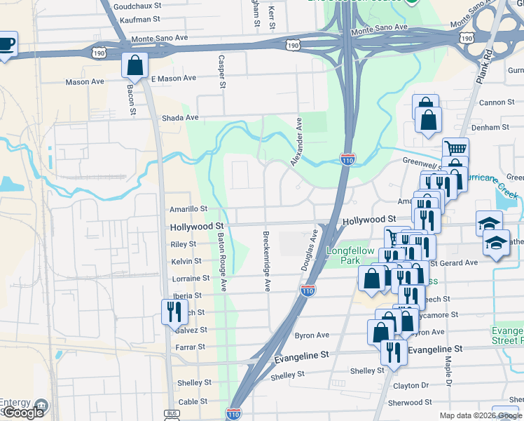 map of restaurants, bars, coffee shops, grocery stores, and more near 2641 Hollywood Street in Baton Rouge