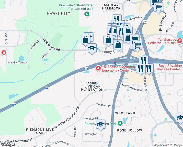 map of restaurants, bars, coffee shops, grocery stores, and more near 1260 Metropolitan Boulevard in Tallahassee