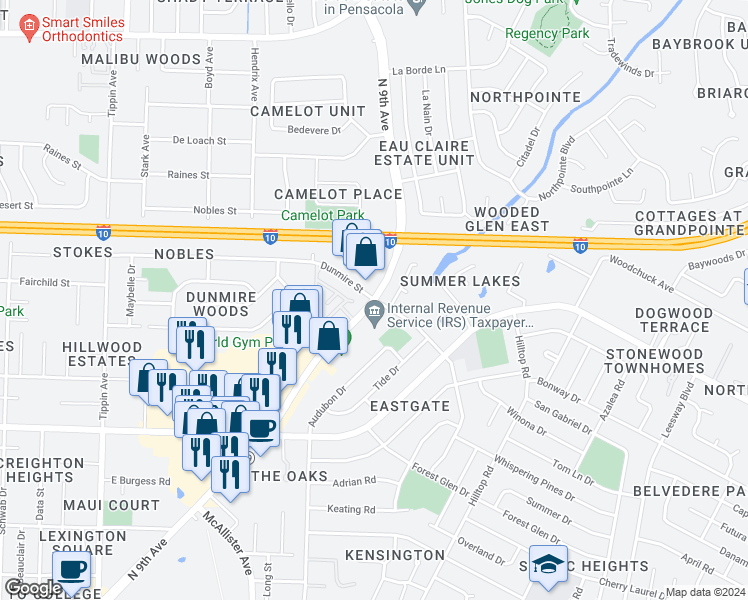 map of restaurants, bars, coffee shops, grocery stores, and more near N 9th Ave & Dunmire St in Pensacola