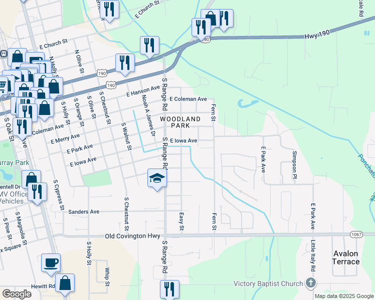 map of restaurants, bars, coffee shops, grocery stores, and more near 44203 Easy Street in Hammond