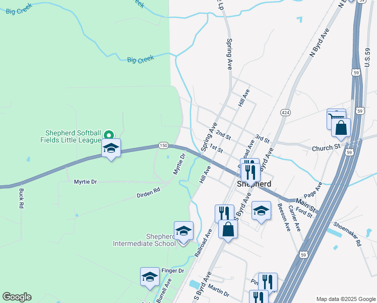 map of restaurants, bars, coffee shops, grocery stores, and more near 49 Myrtie Drive in Shepherd