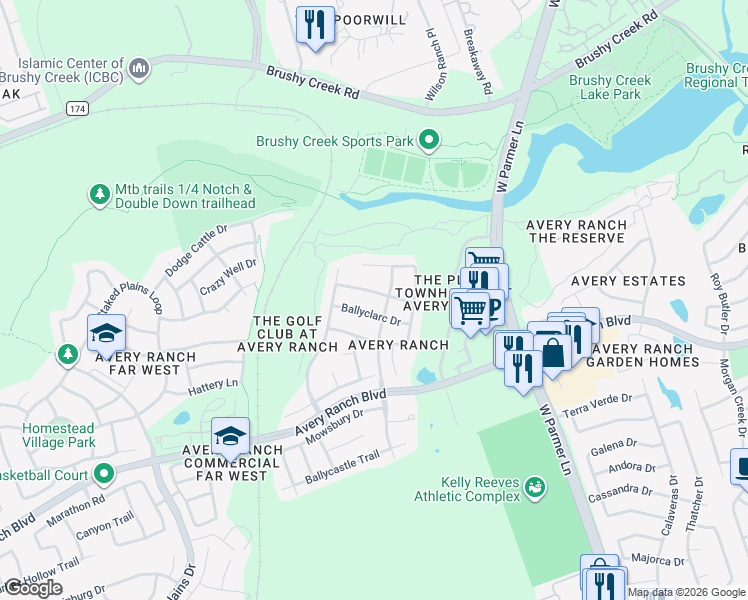 map of restaurants, bars, coffee shops, grocery stores, and more near 14533-14599 Ballyclarc Drive in Austin