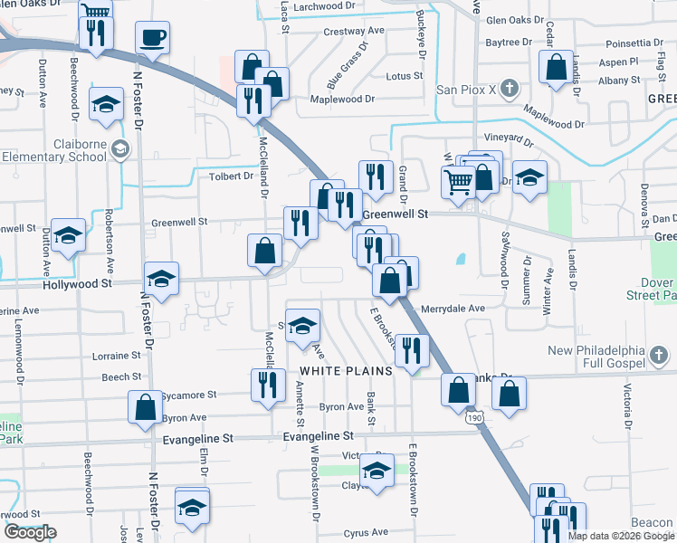 map of restaurants, bars, coffee shops, grocery stores, and more near 526 North Sunset Hill Avenue in Baton Rouge