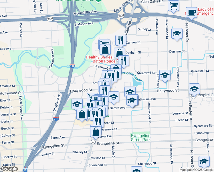 map of restaurants, bars, coffee shops, grocery stores, and more near 5555 Plank Road in Baton Rouge