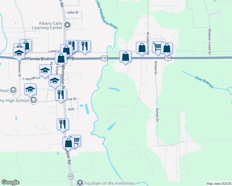 map of restaurants, bars, coffee shops, grocery stores, and more near 29760 Clinton Threeton Drive in Albany