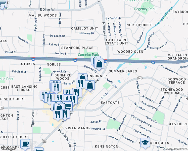 map of restaurants, bars, coffee shops, grocery stores, and more near 1334 Sunrunner Place in Pensacola