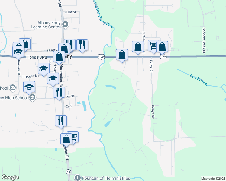 map of restaurants, bars, coffee shops, grocery stores, and more near 29760 Clinton Threeton Road in Albany