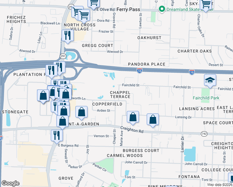 map of restaurants, bars, coffee shops, grocery stores, and more near 7231 Chapel Street in Pensacola