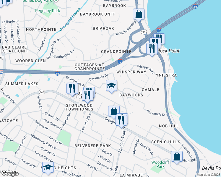 map of restaurants, bars, coffee shops, grocery stores, and more near 1700 Woodchuck Avenue in Pensacola