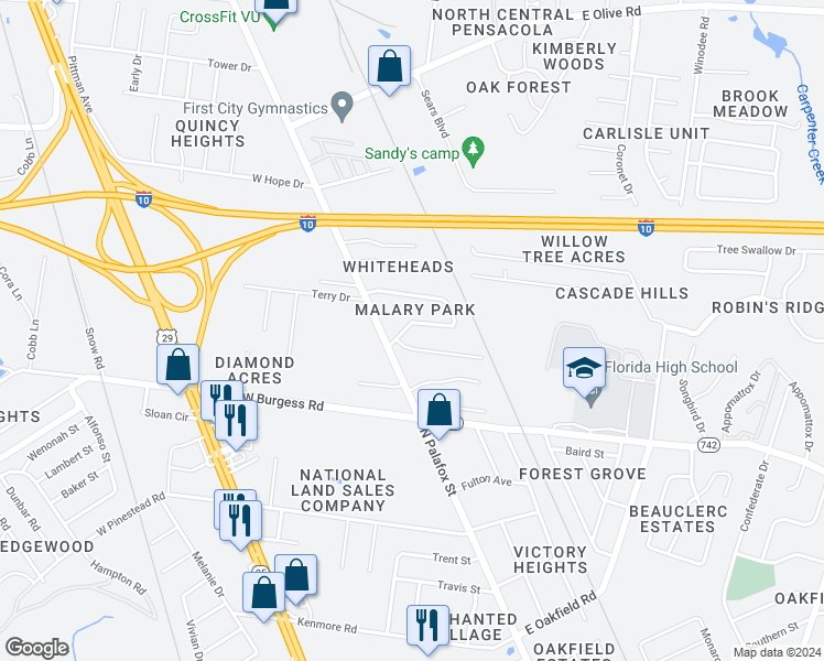 map of restaurants, bars, coffee shops, grocery stores, and more near 6611 Flagler Drive in Pensacola