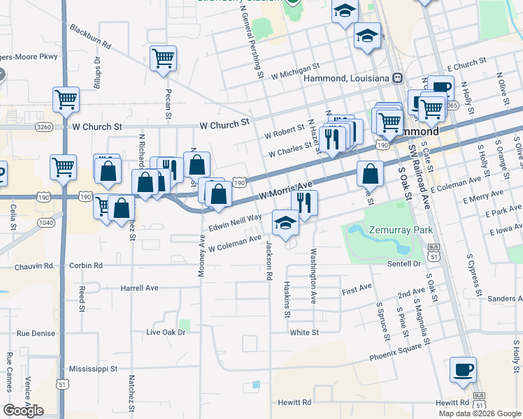map of restaurants, bars, coffee shops, grocery stores, and more near 110 South Laurel Street in Hammond