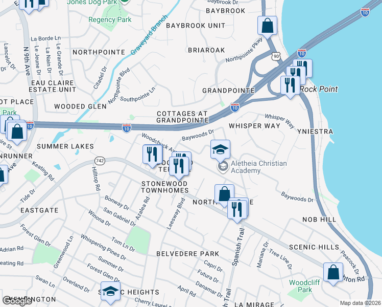 map of restaurants, bars, coffee shops, grocery stores, and more near 3961 Elmcrest Drive in Pensacola
