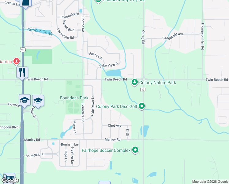 map of restaurants, bars, coffee shops, grocery stores, and more near 8696 Twin Beech Road in Fairhope