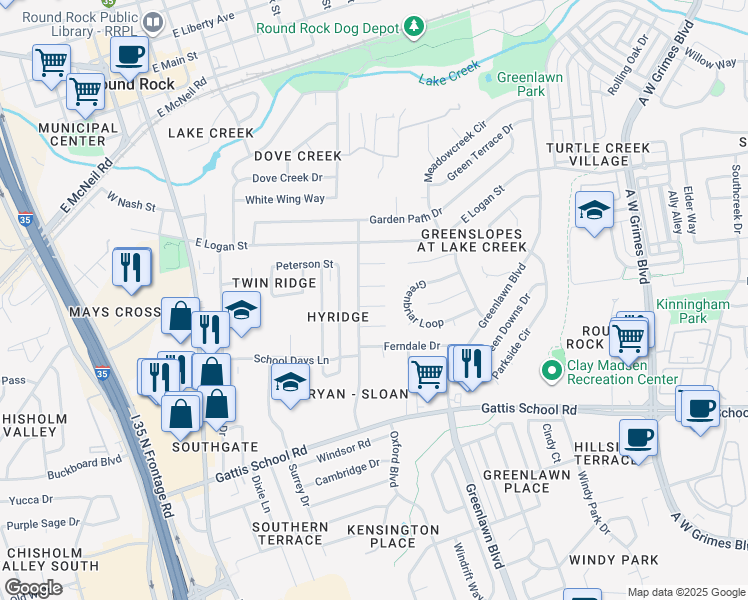 map of restaurants, bars, coffee shops, grocery stores, and more near 804 Forest Glen Cove in Round Rock
