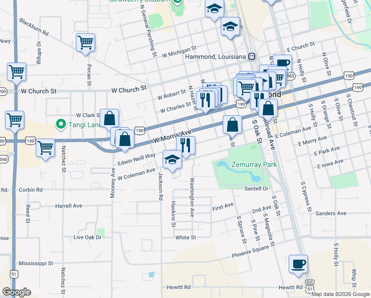 map of restaurants, bars, coffee shops, grocery stores, and more near 703 West Morris Avenue in Hammond