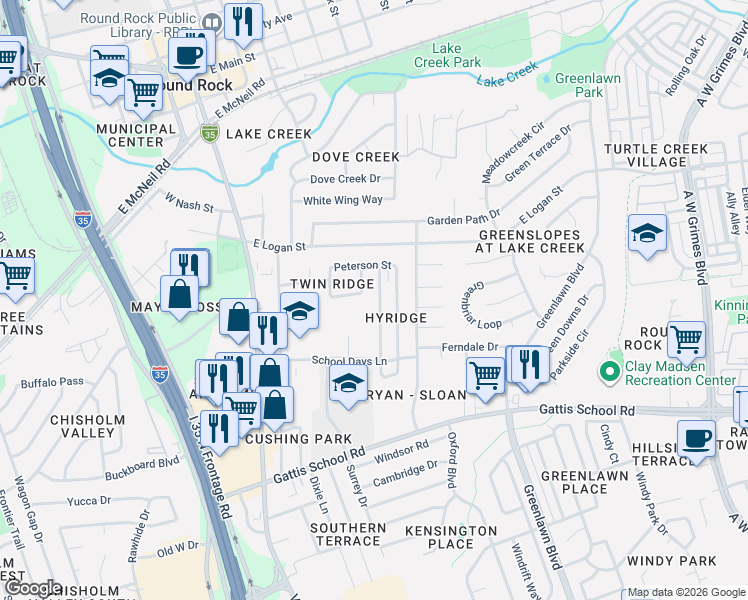 map of restaurants, bars, coffee shops, grocery stores, and more near 910 Hyridge Street in Round Rock