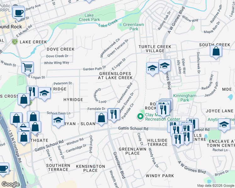 map of restaurants, bars, coffee shops, grocery stores, and more near 1507 Ashwood Court in Round Rock