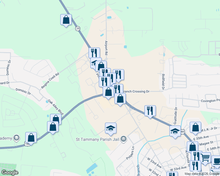 map of restaurants, bars, coffee shops, grocery stores, and more near 73015 Louisiana 25 in Covington