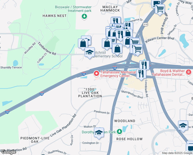map of restaurants, bars, coffee shops, grocery stores, and more near 1260 Metropolitan Boulevard in Tallahassee