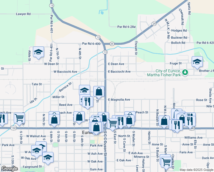 map of restaurants, bars, coffee shops, grocery stores, and more near 700 North C C Duson Street in Eunice