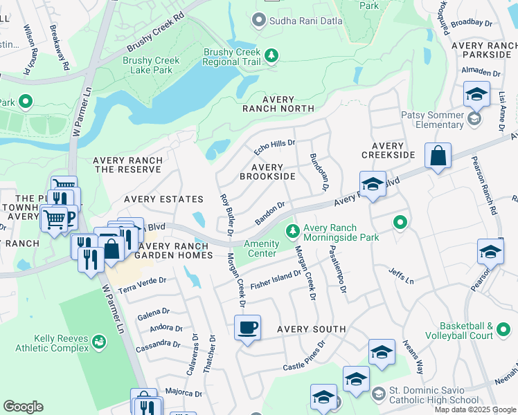 map of restaurants, bars, coffee shops, grocery stores, and more near 15501 Prestancia Drive in Austin