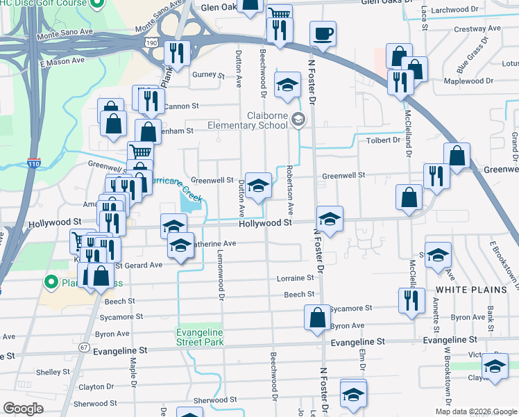 map of restaurants, bars, coffee shops, grocery stores, and more near 5555 Beechwood Drive in Baton Rouge
