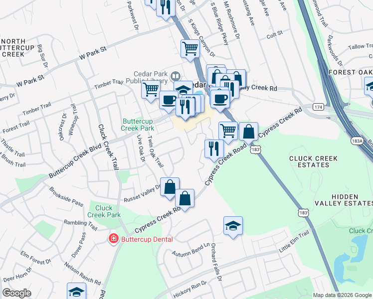 map of restaurants, bars, coffee shops, grocery stores, and more near 702 Mistywood Circle in Cedar Park