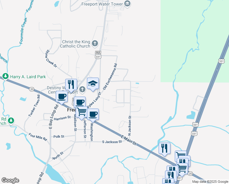 map of restaurants, bars, coffee shops, grocery stores, and more near 96 Benton Boulevard in Freeport