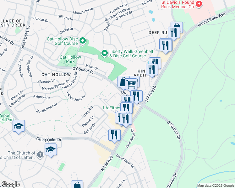 map of restaurants, bars, coffee shops, grocery stores, and more near 7711 O'Connor Drive in Round Rock