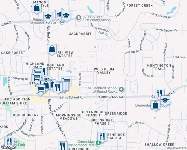 map of restaurants, bars, coffee shops, grocery stores, and more near 410 Wolf Creek Way in Round Rock