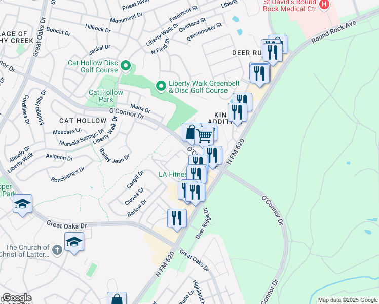 map of restaurants, bars, coffee shops, grocery stores, and more near 7711 O'Connor Drive in Round Rock