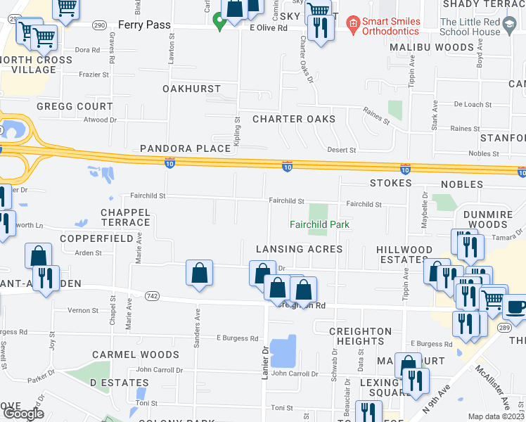 map of restaurants, bars, coffee shops, grocery stores, and more near 7325 Lanier Drive in Pensacola