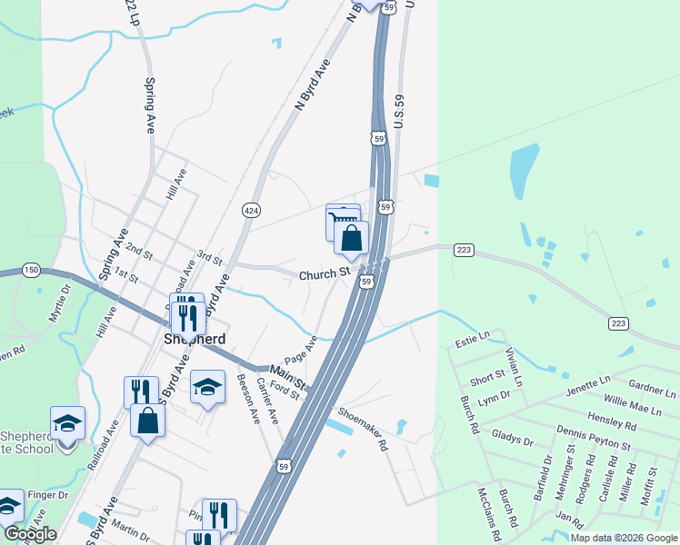 map of restaurants, bars, coffee shops, grocery stores, and more near 301 Church Street in Shepherd