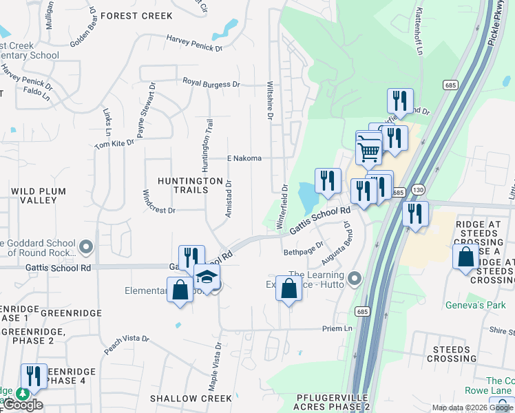 map of restaurants, bars, coffee shops, grocery stores, and more near 121 Wiltshire Drive in Hutto