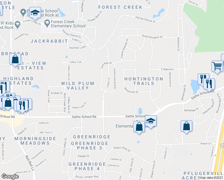 map of restaurants, bars, coffee shops, grocery stores, and more near 109 Justin Leonard Drive in Round Rock