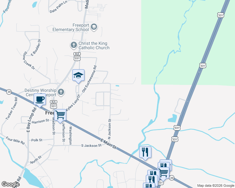 map of restaurants, bars, coffee shops, grocery stores, and more near 446 North Jackson Street in Freeport