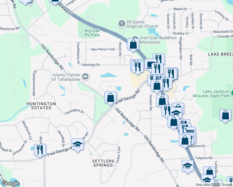 map of restaurants, bars, coffee shops, grocery stores, and more near 3380 Fred George Road in Tallahassee