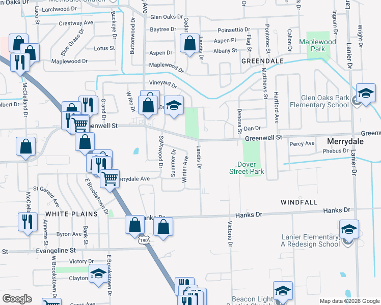 map of restaurants, bars, coffee shops, grocery stores, and more near 6875 Spring Drive in Baton Rouge