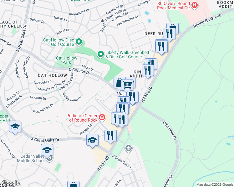 map of restaurants, bars, coffee shops, grocery stores, and more near O'Connor Drive in Round Rock