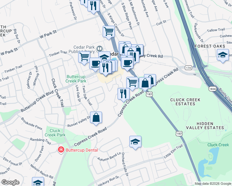 map of restaurants, bars, coffee shops, grocery stores, and more near 335 Cypress Creek Road in Cedar Park
