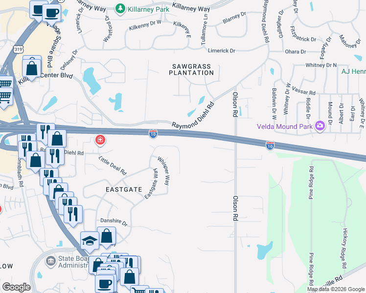 map of restaurants, bars, coffee shops, grocery stores, and more near 2464 Dundee Drive in Tallahassee