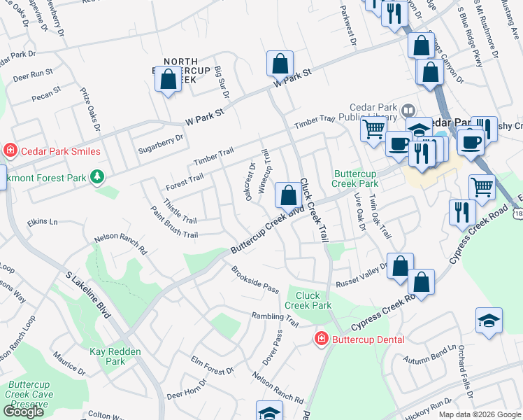 map of restaurants, bars, coffee shops, grocery stores, and more near 410 Oakcrest Drive in Cedar Park