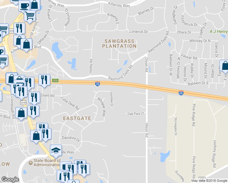 map of restaurants, bars, coffee shops, grocery stores, and more near 2464 Dundee Drive in Tallahassee