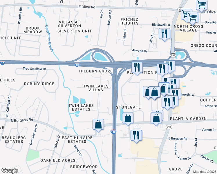 map of restaurants, bars, coffee shops, grocery stores, and more near 7250 Hilburn Road in Pensacola