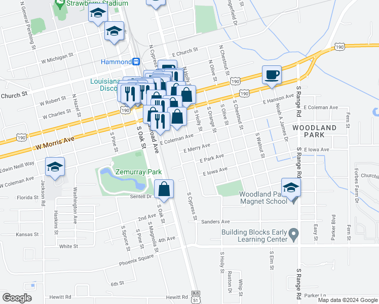 map of restaurants, bars, coffee shops, grocery stores, and more near in Hammond