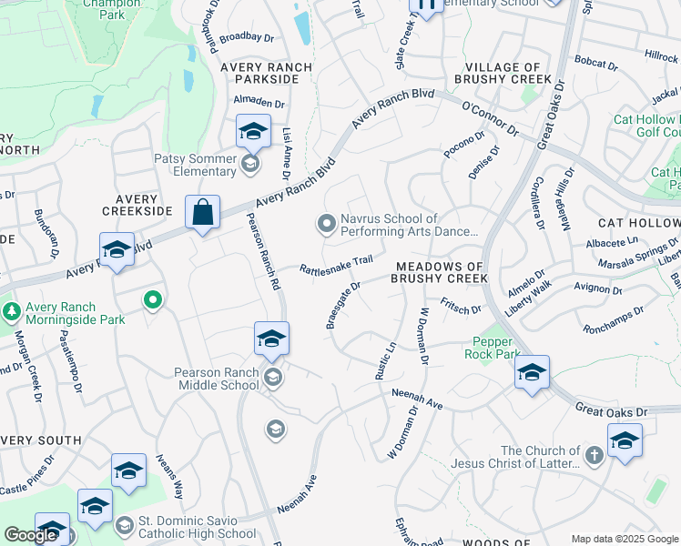 map of restaurants, bars, coffee shops, grocery stores, and more near 9105 Rattlesnake Trail in Austin