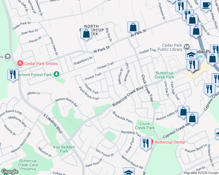 map of restaurants, bars, coffee shops, grocery stores, and more near 305 Cripple Creek Road in Cedar Park