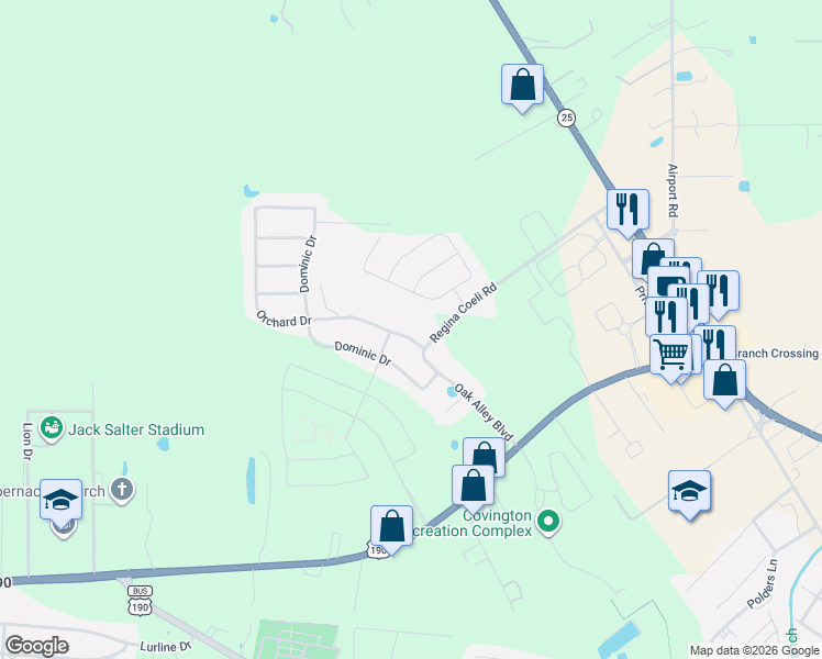 map of restaurants, bars, coffee shops, grocery stores, and more near 1612 Orchard Way in Covington