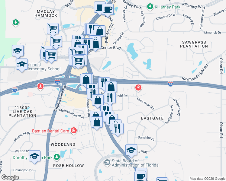 map of restaurants, bars, coffee shops, grocery stores, and more near 1880 Raymond Diehl Road in Tallahassee
